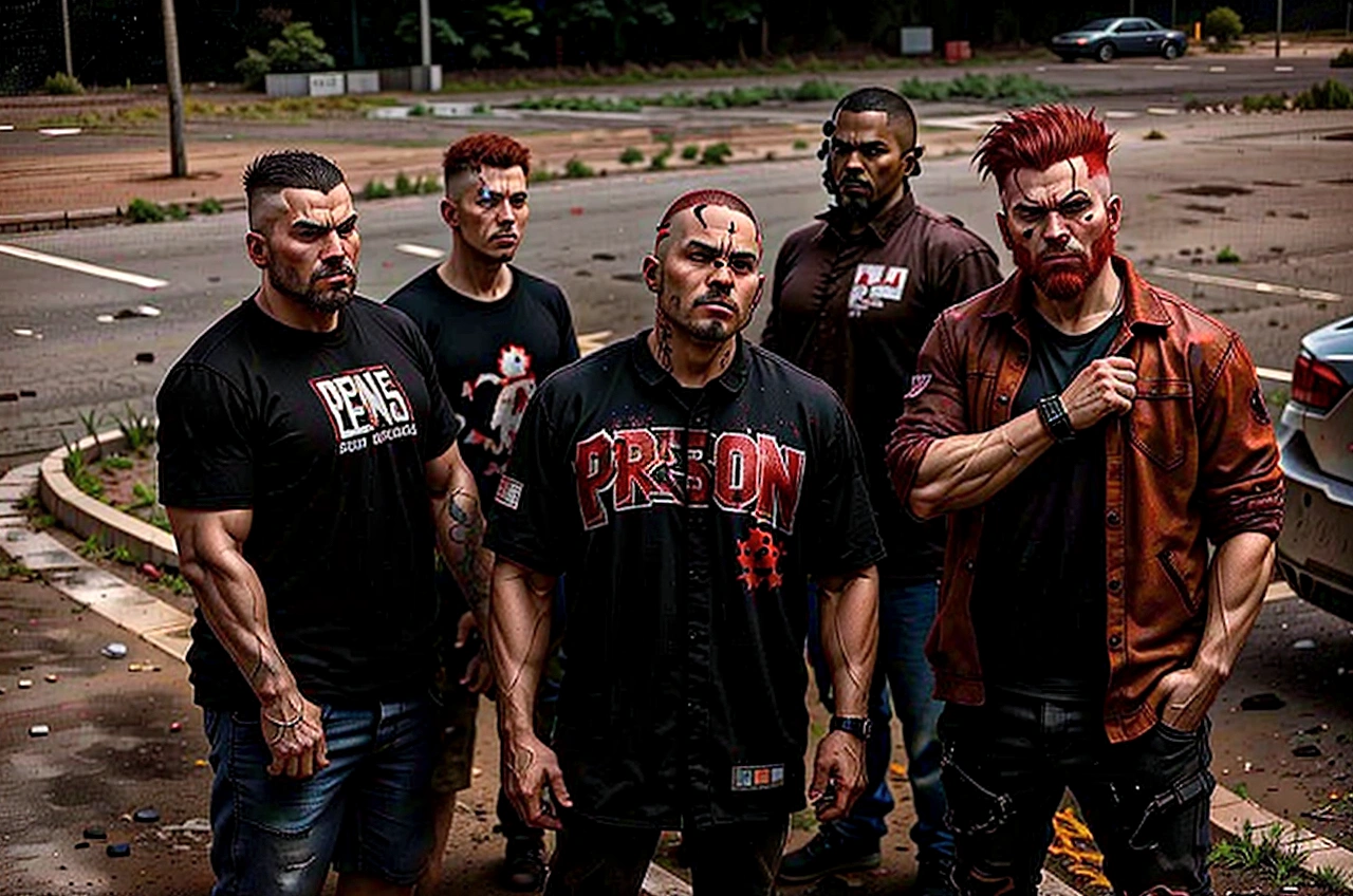 several men standing in a parking lot with one man with a red mohawk, aggressive look, eloy band, slaughterhouse, band promo, portrait image, profile image, pro - vida, band promo photo, menacing look, photo shoot, são paulo, promotional shot, proto - metal band promo, puerto rico, by Nándor Katona