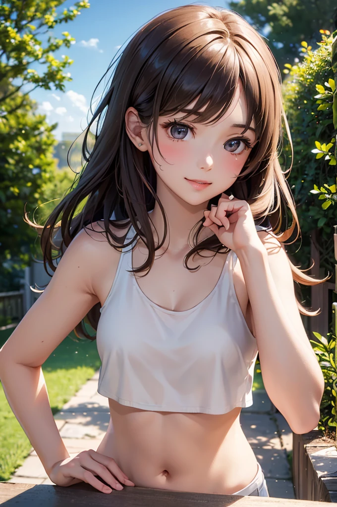 (Best Quality,High resolution,8K,finelity detailed background,Masterpiece:1.2),beautiful girl,Shiny brown hair,messy hair,Brown eyes,Gentle look,A refreshing look,Best quality,Best Quality,Aesthetic and aesthetic:1.2,Best details((Super detailed))(High-definition CG illustrations),Tank top (Tank top,crop top),Slender body,Light of the sun,garden,smile,blush,cute,Scrounge,Looking up,Being spoiled,super model