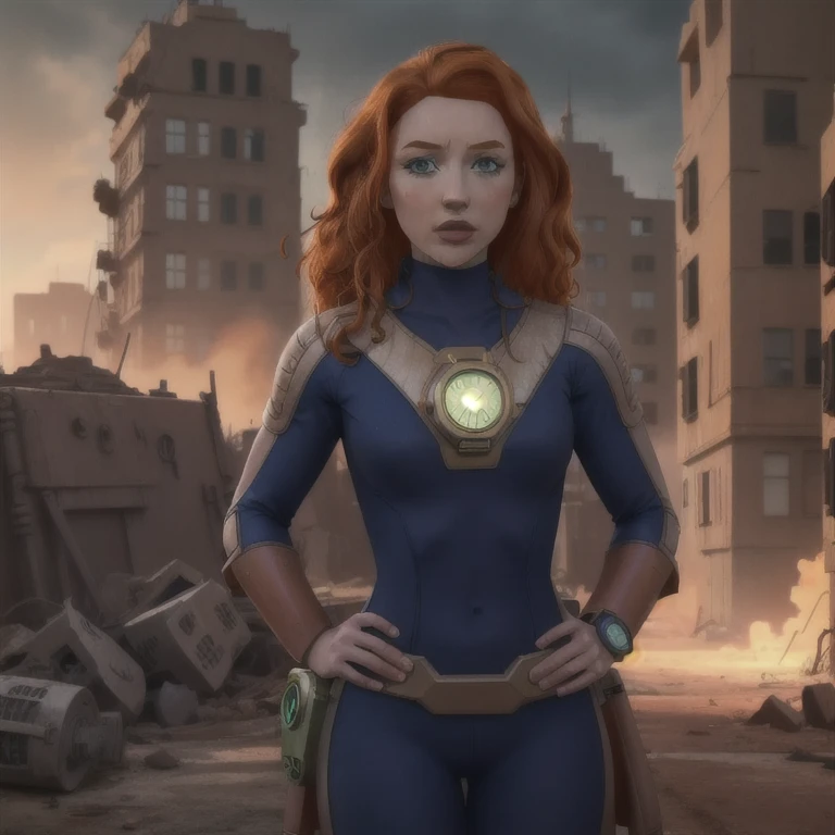 a girl with ginger curly hair wearing (vaultsuit with pipboy3000 on wrist) standing in a ruined city, professionally color graded, professional photography, well drawn, masterpiece, hyper realistic, ultra detailed, high quality, best quality, 4k, 8k, raw 