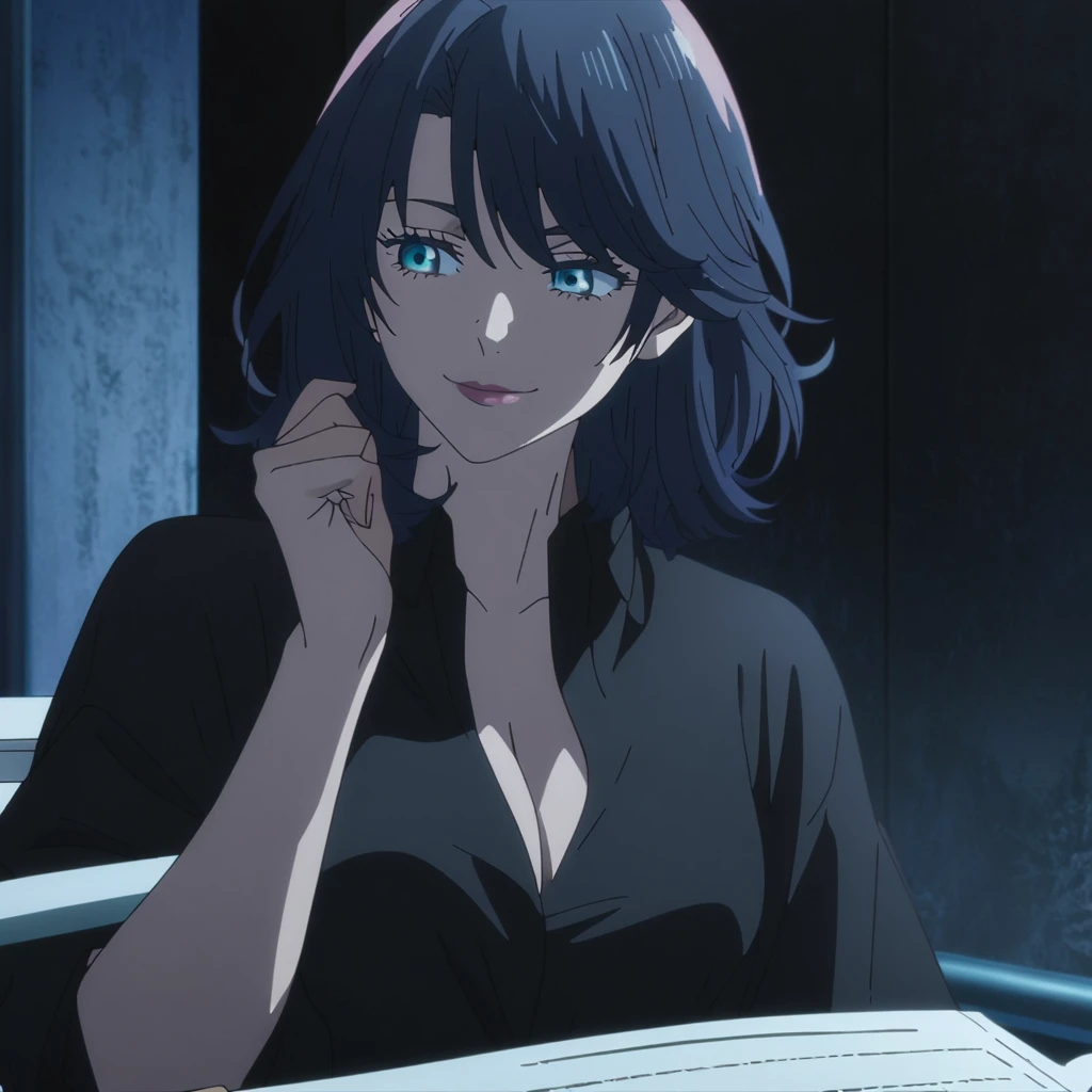 1girl, female gojo satoru, anime screencap from jujutsu kaisen, gojo satoru female version, solo, medium_hair, ((smooth texture hair)) blue eyes, ((very long dark blue_hair)), night view, breasts, upper_body, smile, indoors, book, bangs, blue_eyes, lips, (wearing round sunglasses) ((medium hair, swept bangs)) wearing black color shirt, breast, "very detailed and high resolution" (blue eyes) ((one hand on the chin)) ((smooth texture hair)) ((solo)) ((high resolution)) ((full body)) (Good quality) cleavage, ((dark blue hair))