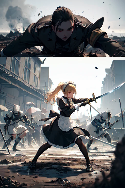 (((Highest quality))), ((masterpiece)), (((detailed))), (((Attention to detail))), One girl, cute, Blonde, Blonde碧眼, Small breasts, ((Black maid outfit, White apron, Headband, The skirt is long)), (((A girl in a maid outfit is fighting with a large sword))), Has a big sword, ((Western design sword)), (((The sword is held by a stick.))), ((燃えているbattlefield1.6)), wasteland, fierce fighting, Fierce Battle, Intense Battle, A Close Battle, battlefield, sparks, Enemy, Tsuba competition, Slashing, (((Soot and mud, 服やエプロンがdirty, dirty, 全身がdirty, Tattered 1.6))), (((Soot and mud, メイド服がdirty, エプロンがdirty, My clothes are in tatters, ))), ((My clothes are covered in soot, Covered in mud, Covered in charcoal, )), In tatters, Between life and death, 