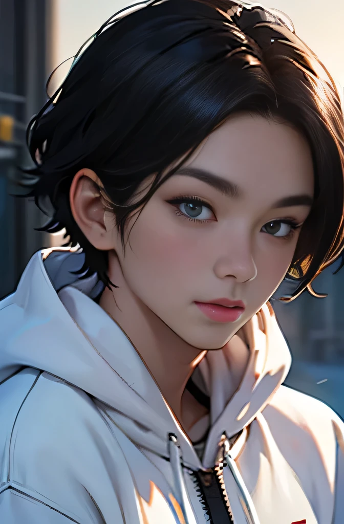 Highest quality、Highest quality、Professional portrait、Science fiction、My name is Park Yu-jin、18-year-old female、Korean beauty、Kind and thoughtful eyes、Thick lips、Short Hair、Black Hair、hoodie、Taekwondo Master、Everything is meticulously detailed