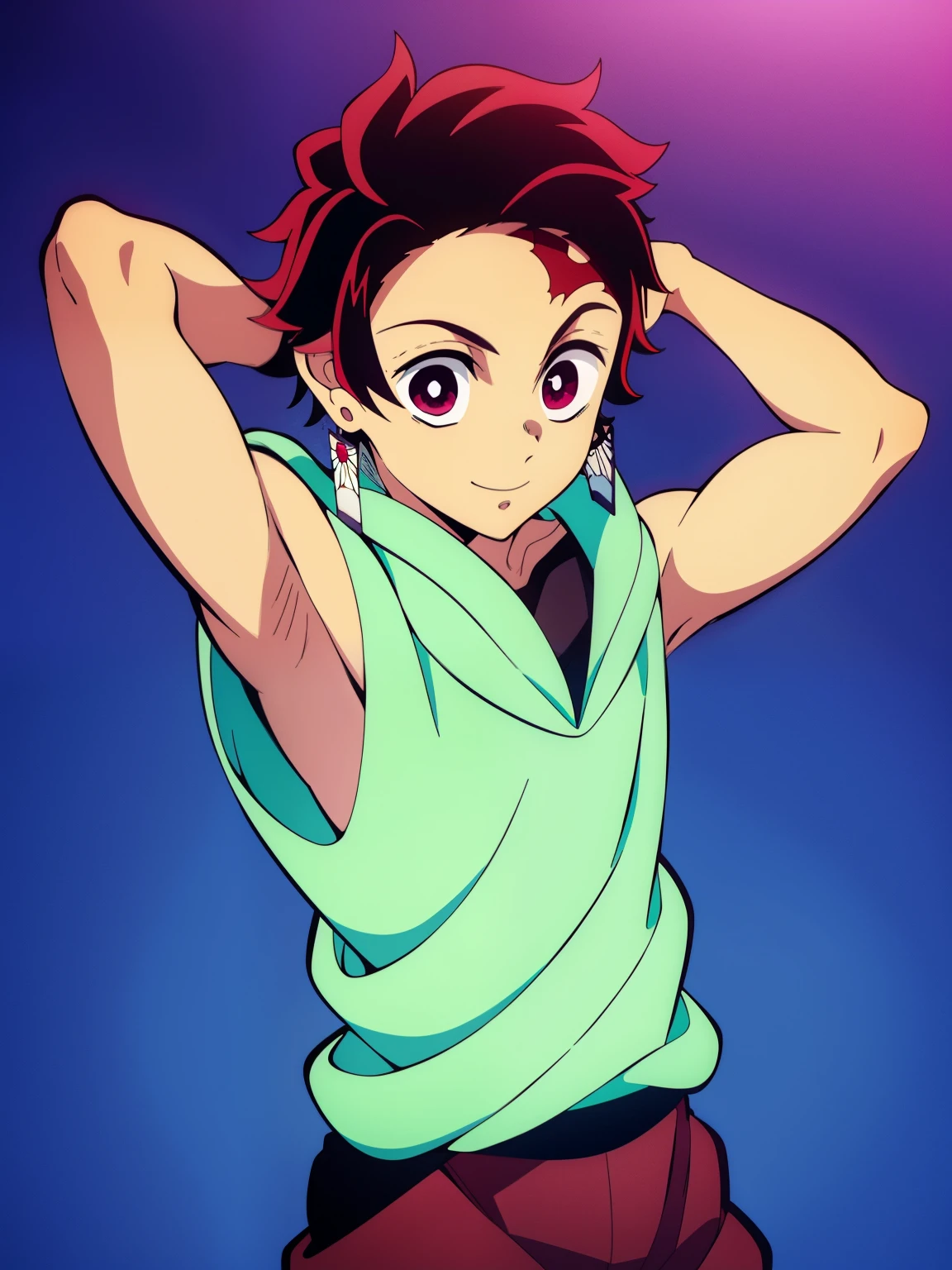 Highres, Masterpiece, Best quality at best,Best Quality,hight quality, hight detailed, Anime style, 1boy, Shota, young boy, Solo person, Tanjiro, earring, red hair, smile, Sleeveless hoodie, Bare shoulder, Seen from the front, look at viewer, upper body, (very young boy), (very small and short body), (Showing armpit:1.2), Give me a proportional picture of a boy's armpits, 12-year-oldoysd, bly beckground