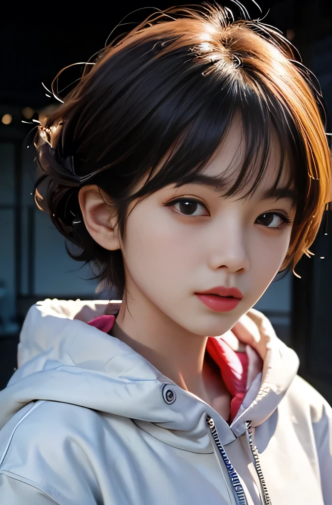 Highest quality、Highest quality、Professional portrait、Science fiction、My name is Park Yu-jin、18-year-old female、Korean beauty、Kind and thoughtful eyes、Thick lips、Short Hair、Curly hair、Black Hair、hoodie、Taekwondo Master、Everything is meticulously detailed
