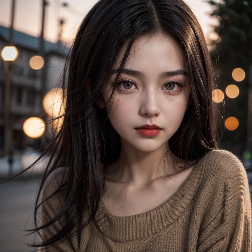 1 girl, long dark black hair, clear skin, big brown eyes, Slim appearance, Red lips, sueter, da la back, head down, outside, evening, hands, face, back