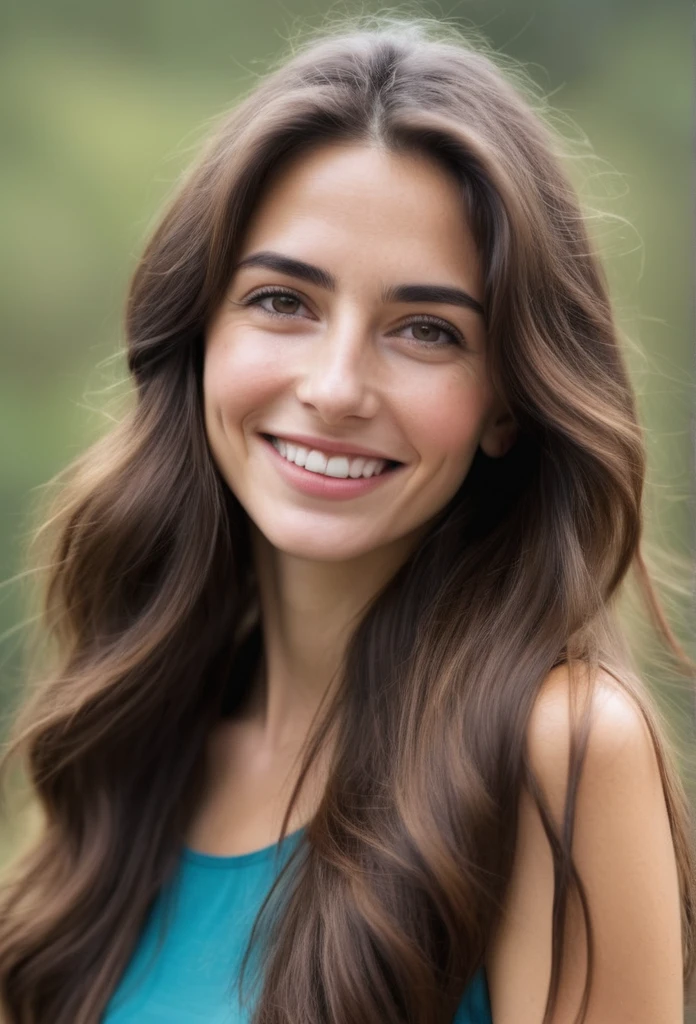 Une femme argentine captivante au teint radieux et au sourire naturel, ses cheveux long brune encadrent son visage en forme de cœur alors qu&#39;elle regarde directement la caméra, des yeux vert symétriques pétillants de chaleur. Un éclairage ambiant doux accentue sa texture de peau impeccable, rappelant les traits de poupée en porcelaine d&#39;Anne Hathaway. Nombril subtilement visible, ajoutant à son élégant charme . Cadré en 8K sur un reflex numérique, un éclairage de haute qualité et un grain de film subtil évoquent une photographie primée, mettant en valeur les capacités d&#39;imagerie exceptionnelles du Fujifilm XT3.