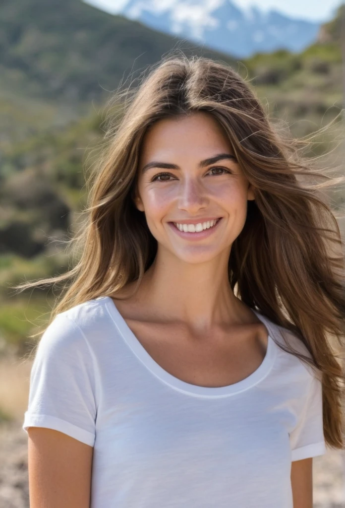 Une femme argentine captivante au teint radieux et au sourire naturel, ses cheveux long brune encadrent son visage en forme de cœur alors qu&#39;elle regarde directement la caméra, des yeux vert symétriques pétillants de chaleur. Un éclairage ambiant doux accentue sa texture de peau impeccable, rappelant les traits de poupée en porcelaine d&#39;Anne Hathaway. Nombril subtilement visible, ajoutant à son élégant charme . Cadré en 8K sur un reflex numérique, un éclairage de haute qualité et un grain de film subtil évoquent une photographie primée, mettant en valeur les capacités d&#39;imagerie exceptionnelles du Fujifilm XT3.