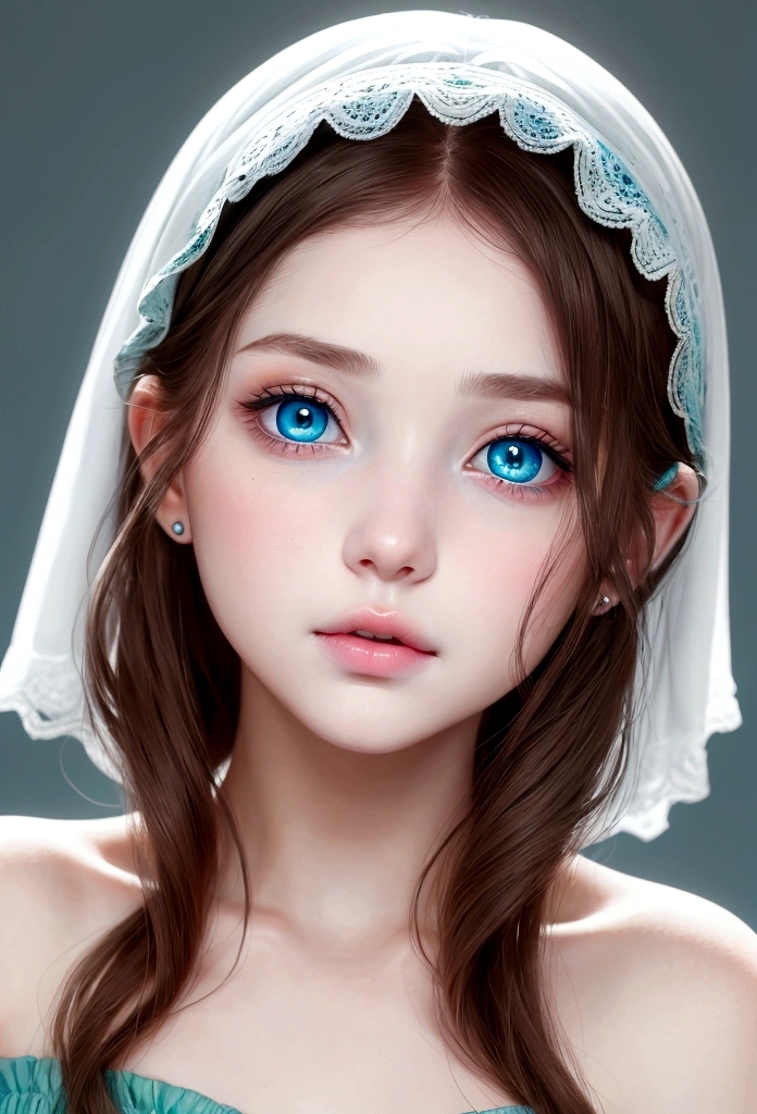 young girl, ( envuelta en una White skin)* eyes are a deep blue-green color, White skin, rubbed cheeks, sincellied nose, small pink lips,gentle and elegant look, , dress, Renaissance, blue-green eyes dark brown hair*