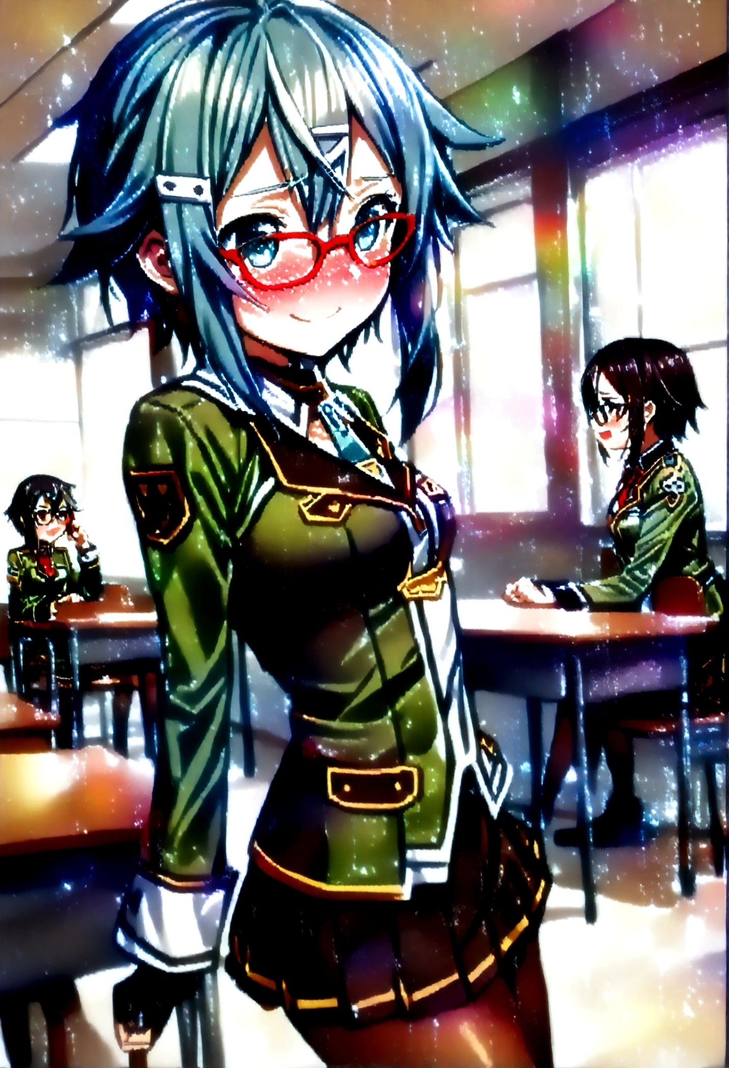 NSFW,masterpiece,Highest quality,High resolution,Super detailed,Sinon\(Sword Art Online\),(Black Hair),Glasses,uniform,mini skirt,pantyhose,Embarrassed,expectant face,smile,blush,School,classroom,From the side