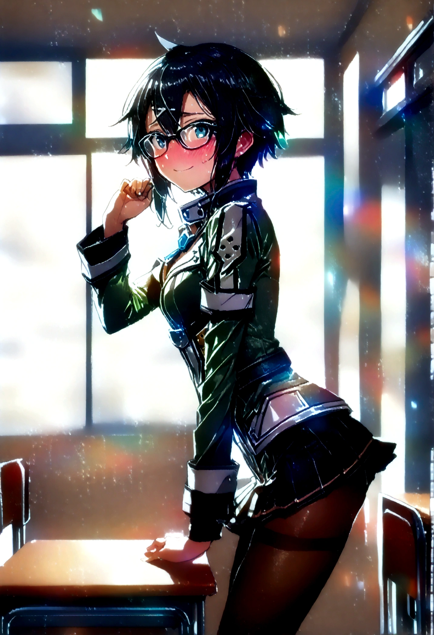 NSFW,masterpiece,Highest quality,High resolution,Super detailed,Sinon\(Sword Art Online\),(Black Hair),Glasses,uniform,mini skirt,pantyhose,Embarrassed,expectant face,smile,blush,School,classroom,From the side