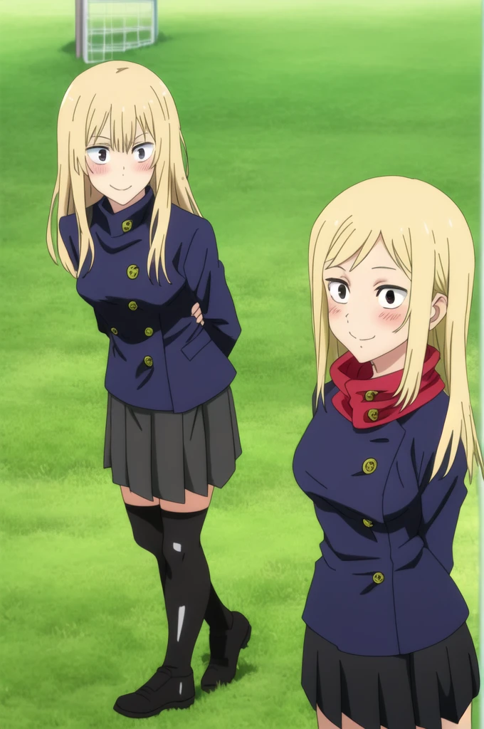 masterpiece, best quality, 1girl, reference maki zenin, jujutsu kaisen, portrait, cowgirl shot, standing, in a grassy yard, soccer fields in the background, (arms behind back), blonde hair, wolf cut, long hair, layered hair, black eyes, smile, light blush, (black gakuran, black small skirt),