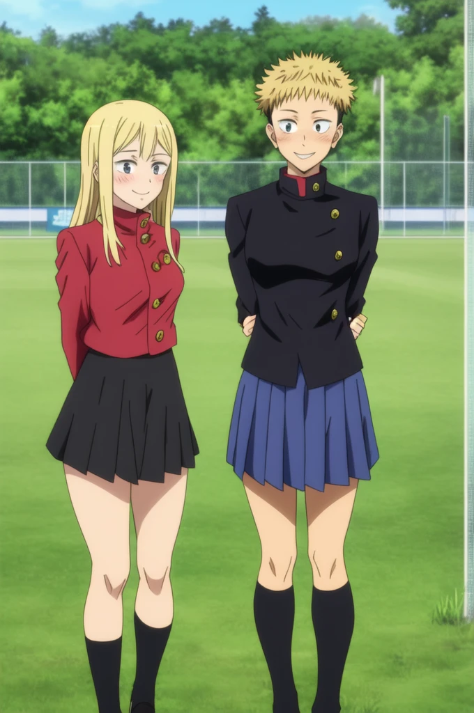 masterpiece, best quality, 1girl, reference maki zenin, jujutsu kaisen, portrait, cowgirl shot, standing, in a grassy yard, soccer fields in the background, (arms behind back), blonde hair, wolf cut, long hair, layered hair, black eyes, smile, light blush, (black gakuran, black small skirt),