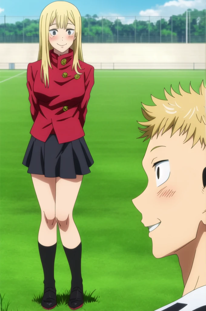 masterpiece, best quality, 1girl, reference maki zenin, jujutsu kaisen, portrait, cowgirl shot, standing, in a grassy yard, soccer fields in the background, (arms behind back), blonde hair, wolf cut, long hair, layered hair, black eyes, smile, light blush, (black gakuran, black small skirt),