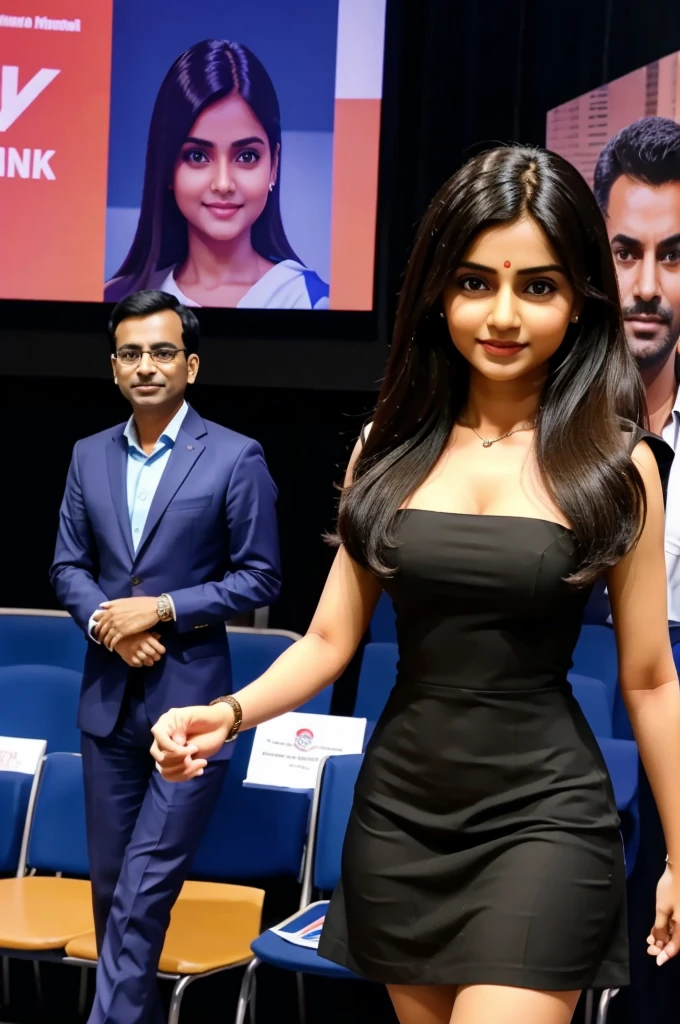 In Mumbai, A corporate company's CEO is introducing a humanoid boy nd girl sex doll with dress in conference hall with board members, all are watching it