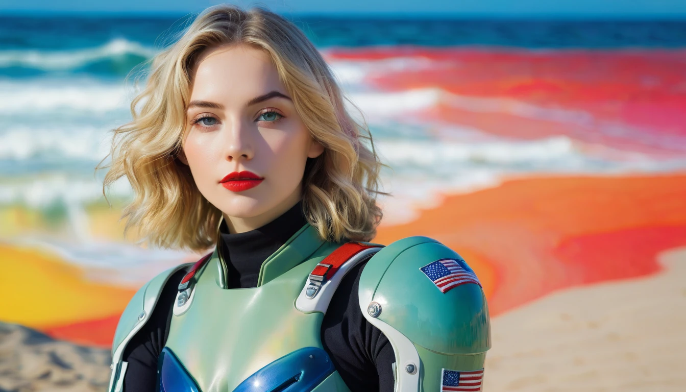 A panoramic photo featuring a woman sitting in front of a colorful, ocean background. She has shoulder-length, slightly wavy, bright blond hair that falls over her shoulders. Her face is delicate and even, with perfectly applied eye makeup and red lips. She looks directly at the camera with a pensive expression. The woman is wearing military battle space suit. The background consists of large abstract color fields in similar colors to the beach. These color fields are irregularly shaped and resemble a large-scale painting. The colors in the background harmonize with those of the dress, creating a visual connection between the woman and the background. The lighting in the image is soft and even, highlighting the woman.