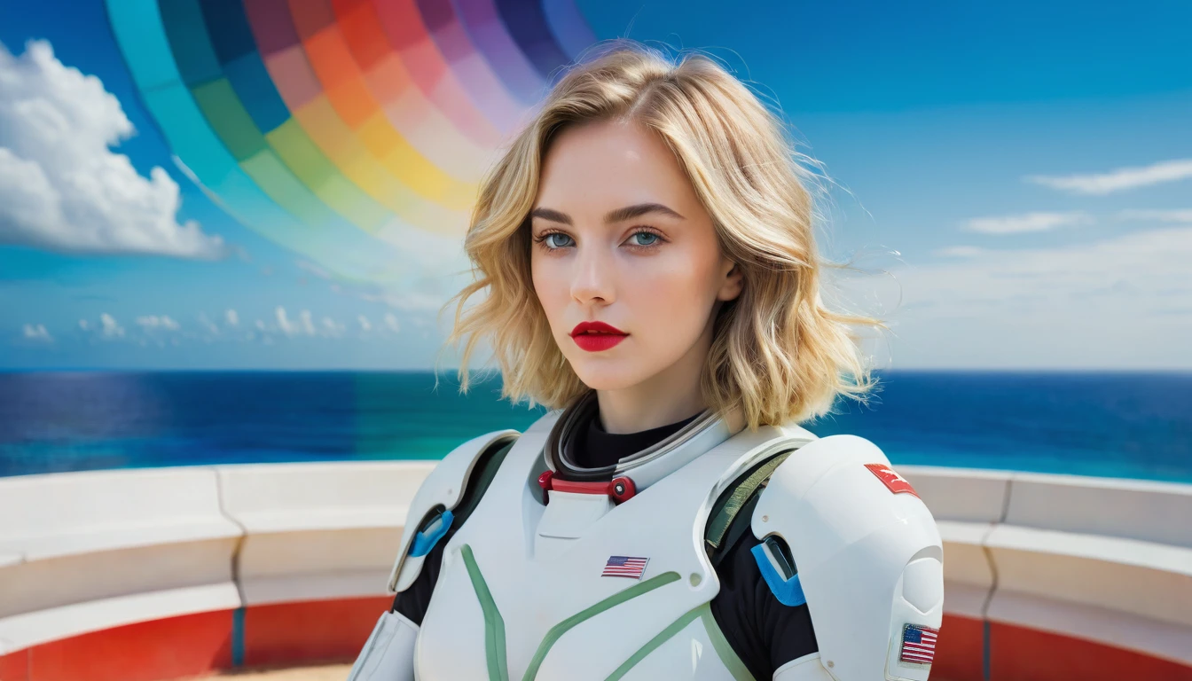 A panoramic photo featuring a woman sitting in front of a colorful, ocean background. She has shoulder-length, slightly wavy, bright blond hair that falls over her shoulders. Her face is delicate and even, with perfectly applied eye makeup and red lips. She looks directly at the camera with a pensive expression. The woman is wearing military battle space suit. The background consists of large abstract color fields in similar colors to the beach. These color fields are irregularly shaped and resemble a large-scale painting. The colors in the background harmonize with those of the dress, creating a visual connection between the woman and the background. The lighting in the image is soft and even, highlighting the woman.