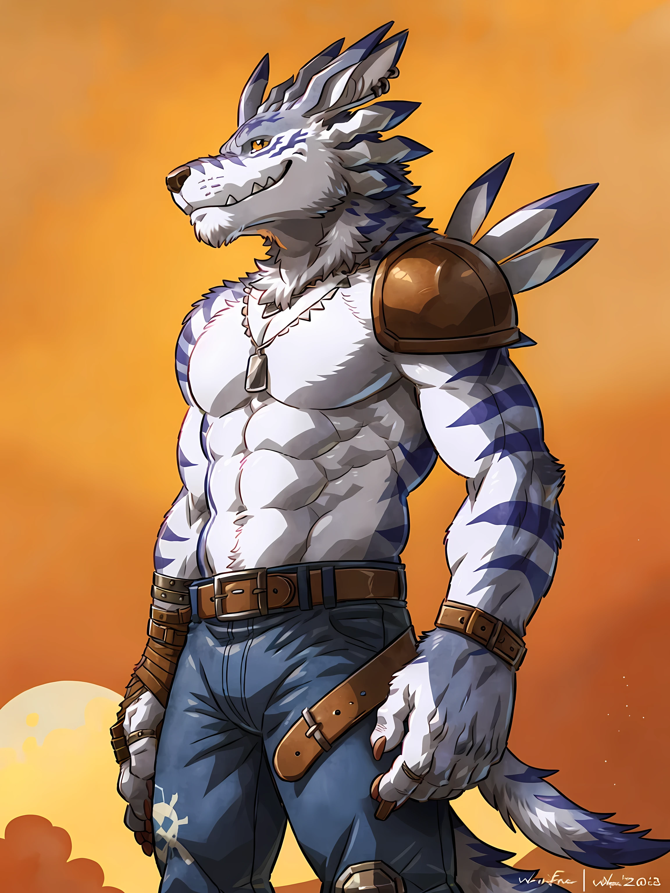 weregarurumon, front view, standing, muscular, male, pauldron, brown belt, half body, blue sleeved arm, orange eyes, smile, high quality, best resolution, cel shaded, by wfa, by rossciaco, dogtags, metal bands, detailed eyes, blue pants,