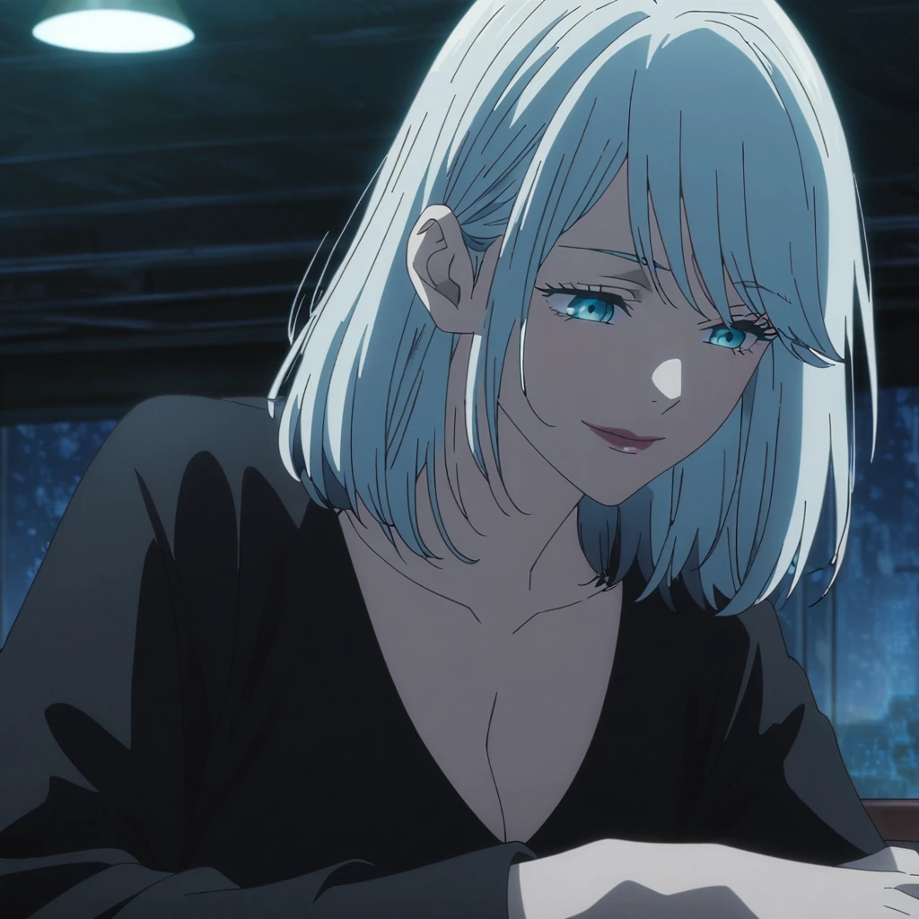 1girl, female gojo satoru, anime screencap from jujutsu kaisen, gojo satoru female version, solo, medium_hair, ((smooth texture hair)) blue eyes, ((very long white_hair)), night view, breasts, upper_body, smile, indoors, book, bangs, blue_eyes, lips, (wearing round sunglasses) ((medium hair, swept bangs)) wearing black color shirt, breast, "very detailed and high resolution" (blue eyes) ((one hand on the chin))  ((smooth texture hair)) ((solo)) ((high resolution)) ((full body)) (Good quality)  cleavage, ((white hair))