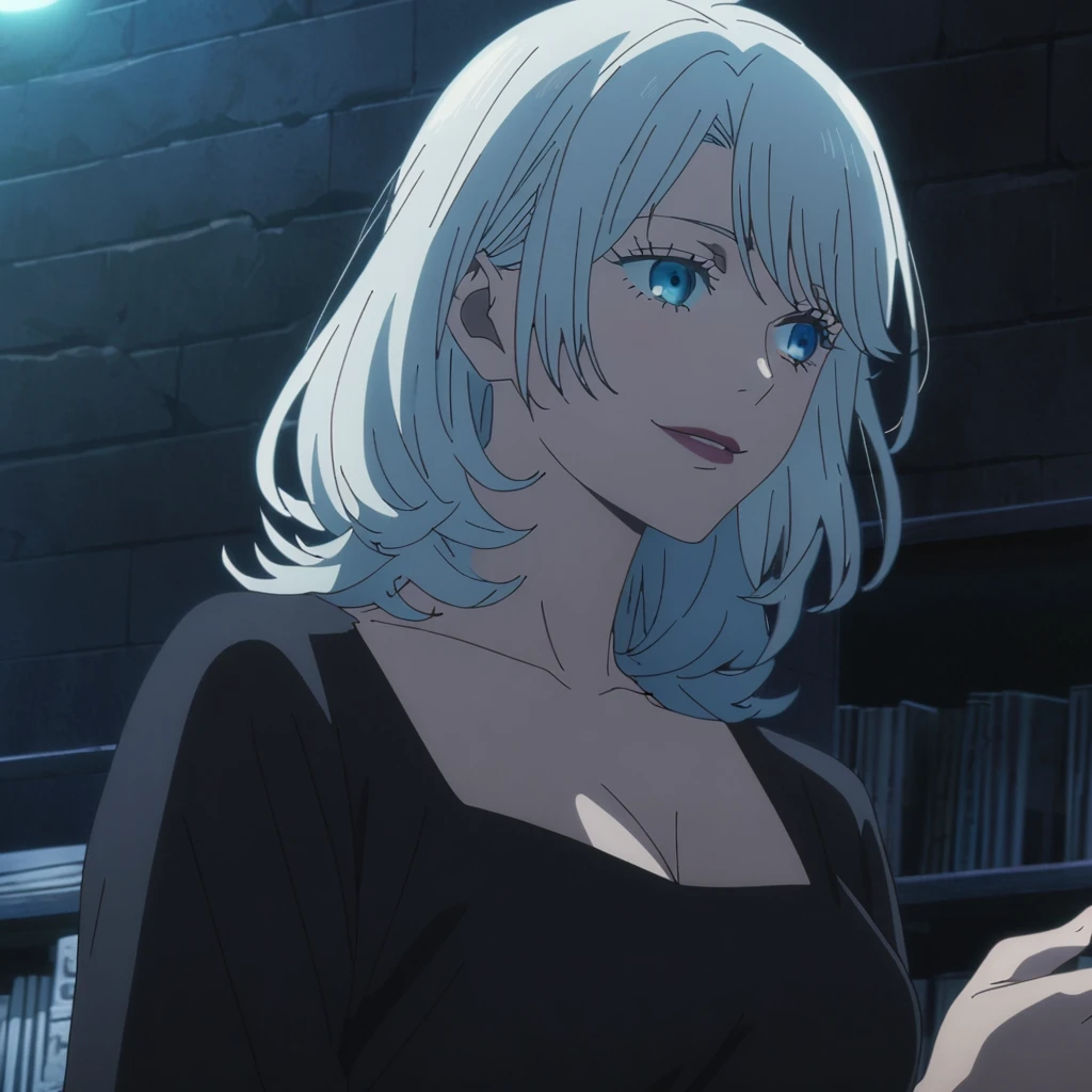 1girl, female gojo satoru, anime screencap from jujutsu kaisen, gojo satoru female version, solo, medium_hair, ((smooth texture hair)) blue eyes, ((very long white_hair)), night view, breasts, upper_body, smile, indoors, book, bangs, blue_eyes, lips, (wearing round sunglasses) ((medium hair, swept bangs)) wearing black color shirt, breast, "very detailed and high resolution" (blue eyes) ((one hand on the chin))  ((smooth texture hair)) ((solo)) ((high resolution)) ((full body)) (Good quality)  cleavage, ((white hair))