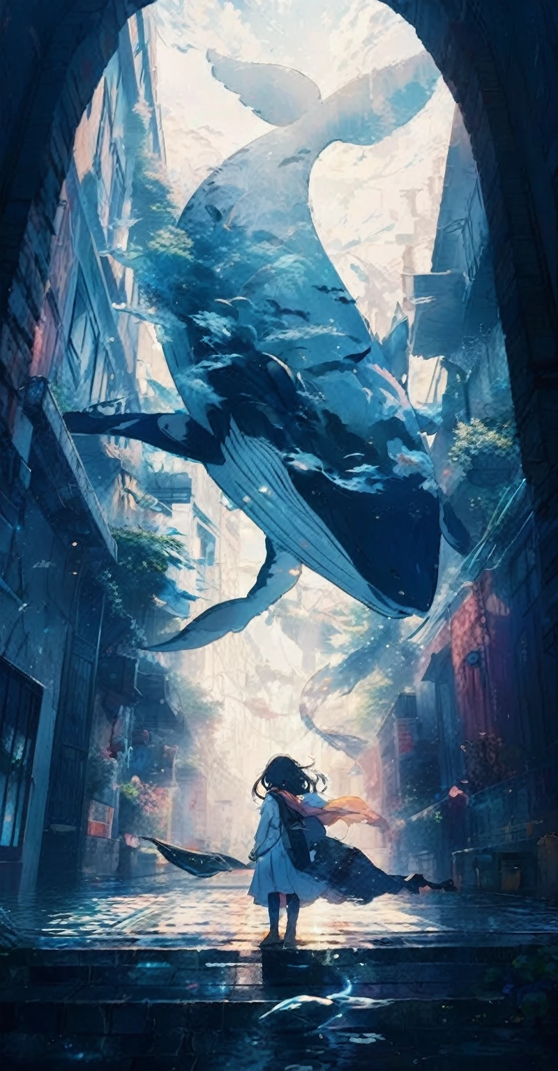 anime key visual, Masterpiece landscapes,A girl, From the city of Atlantis, complex background, foggy condition, cyberdelic, flowering light, Macro lens, Color style, "surrounded by clouds，Beautiful fluid image，Delicately painted landscapes，Light clouds float on the surface of the water.，It&#39;s like a fairyland。The misty light penetrates the clouds.，Impressive light and shadow effects are reflected.。In the photo there is a sea of clouds.，The landscape ahead is fascinating