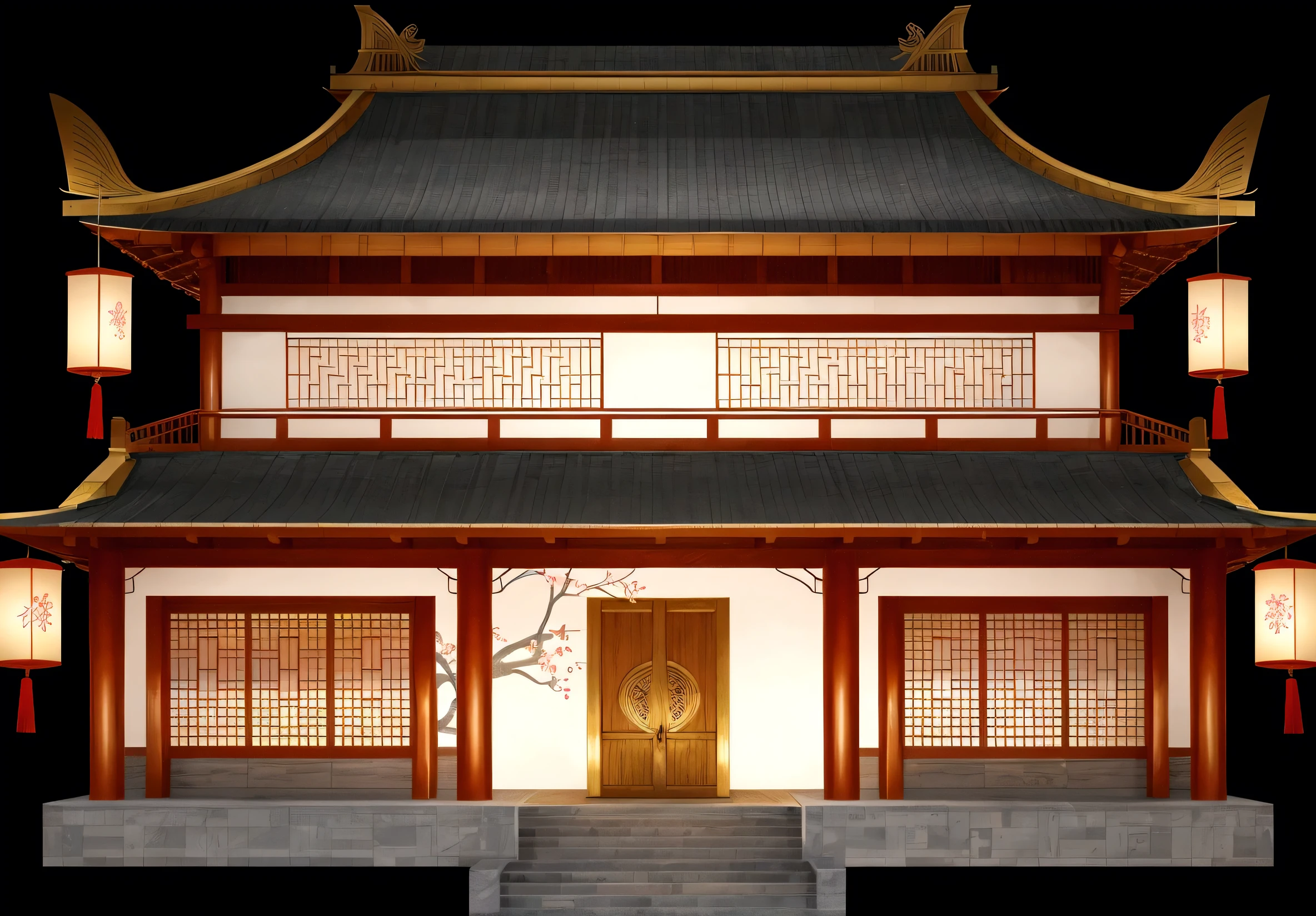 illustration of a traditional chinese building with lanterns and a bird, temple background, zen temple background, background depicting a temple, digital painting of a pagoda, japanese temple, japanese house, korean traditional palace, background art, palace background, chinese building, artwork in the style of z.w. gu, cyberpunk japanese temple, inspired by Shūbun Tenshō