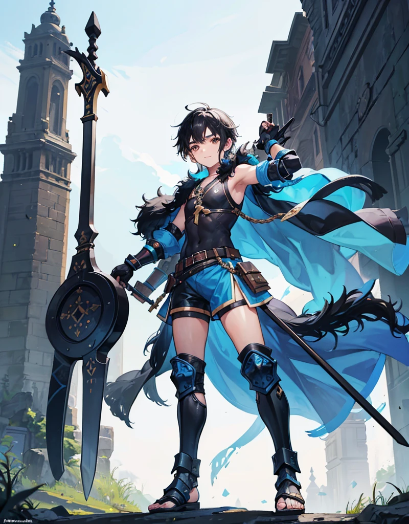 Young boy with black hair, brown eyes and olive skin, innocent and happy, wearing neon blue barbarian fur tunic, black shorts, gauntlets and sandals, weilding sword and shield, blue armor, fullbody, medieval background, boyish athletic