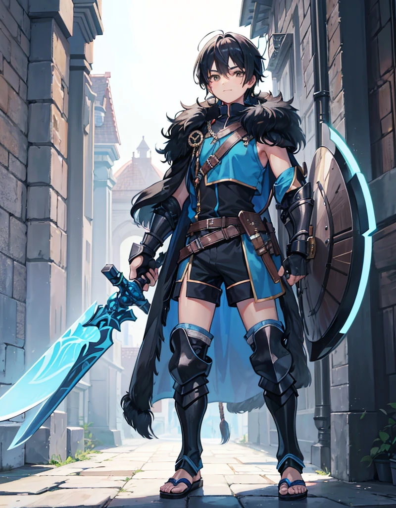Young boy with black hair, brown eyes and olive skin, innocent and happy, wearing neon blue barbarian fur tunic, black shorts, gauntlets and sandals, weilding sword and shield, blue armor, fullbody, medieval background, boyish athletic