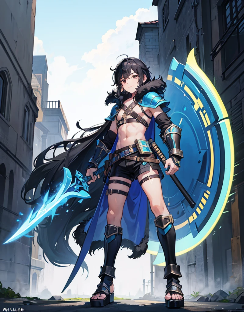 Young boy with black hair, brown eyes and olive skin, innocent and happy, wearing neon blue barbarian fur tunic, black shorts, gauntlets and sandals, weilding sword and shield, blue armor, fullbody, medieval background, boyish athletic