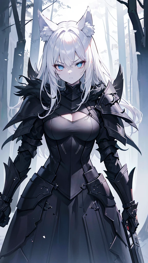 a single girl with black armor standing in middle of the night with a black broadsword, 1girl, humanoid, anthro girl, furry girl, wolf ears, white hair, white skin, black blindfold, night in the forest, angry face, black armor, beautiful background, 4k, insanely detailed, beautifully lit, masterpiece, best quality, ultra-detailed