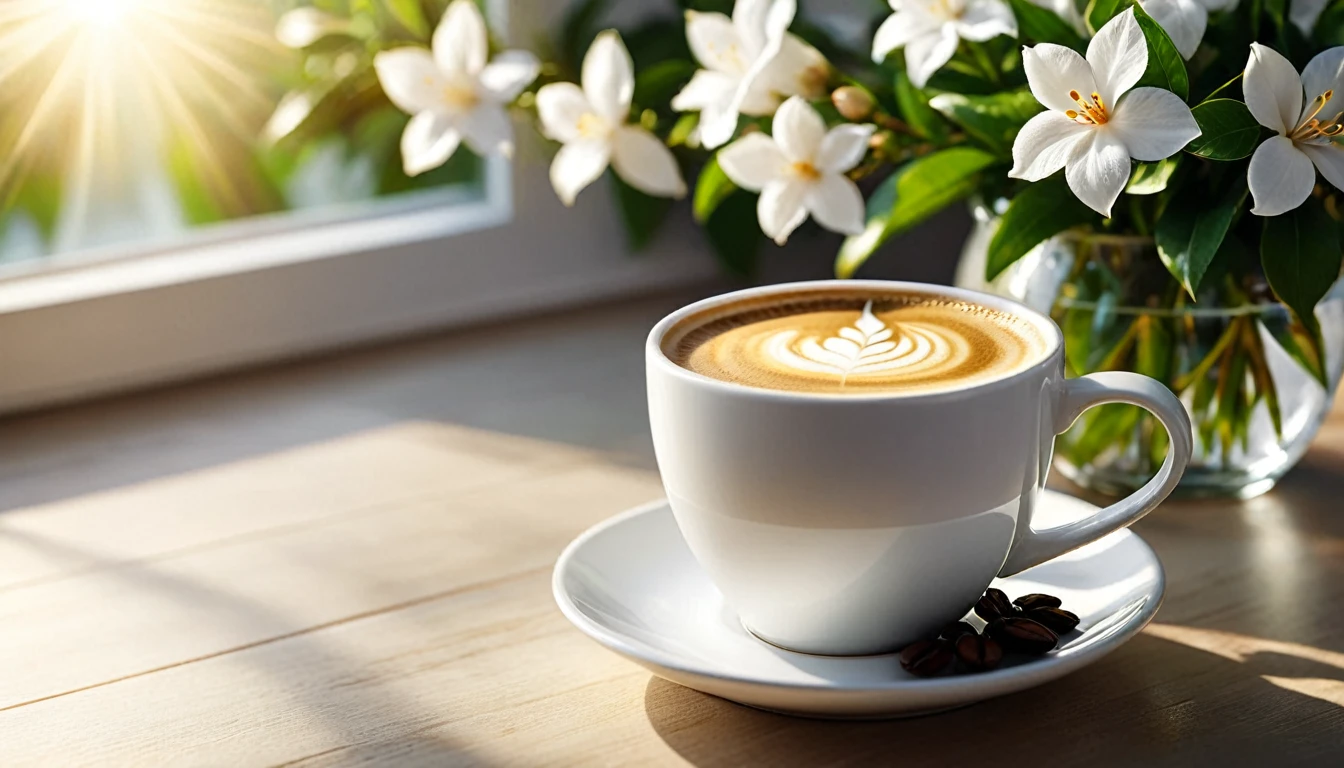 Best still life composition(best quality,4K,8K,High resolution,masterpiece:1.2),Super detailed,(Practical,photoPractical,photo-Practical:1.37),latté(clear focus、obvious)There is slight smoke in the white ceramic cup.Artist coffee impression.White sweater with clear texture，Wrinkles arranged randomly...Sophisticated and elegant.A bouquet of bright, light jasmine flowers placed flat from above is elegant and elegant(Lying flat on the table.From top to left.Make space on your desk)..Modern style cafe bokeh background.Super detailed.（Super quality，Super detailed，Ultra-complex，Extremely complex）Soft and natural light and shadow.Reverse fragrance.no humans.Ultra wide angle, (Detailed texture),Background covered with film grain, natural soft light,(Morning Scene.warm sunshine in the morning)Ray tracing, Vignette, Wide-angle lens, Ultra wide angle, best qualitycinematic lighting, Depth of Field, outer boundary, Negative space, Letterbox header image