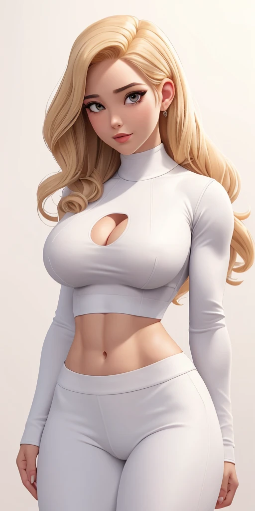Masterpiece, highly detailed, high res, dynamic, A image of a woman in a white top and white pants, ((((Massive breasts)))), (muscular), ((((huge muscles)))) fanart da coelhinha lola, commission for high resolution, CO Commission, Gwen Stacy, corpo perfeitamente sombreado, Emma Geada, Retrato de Emma Frost, Deusa loira, desenhado no estilo de artgerm, em roupas brancas, corpo perfeito sombreado realista, Betty Cooper, It's not artgerm style, ((((Massive breasts)))), (muscular), ((((huge muscles))))