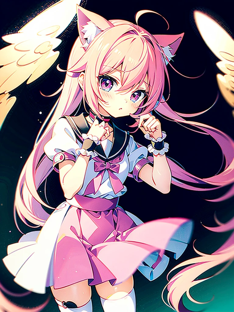 bishoujo anime style,hyper cute shota,Angel,cat ears,pink braided angel ring hair,:3