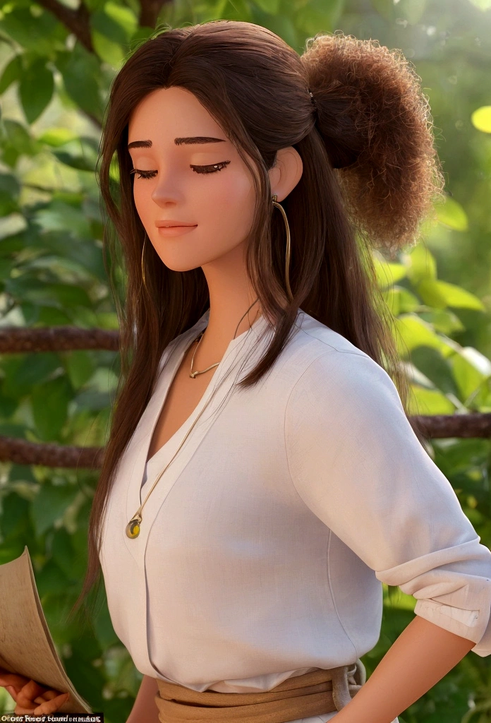 a young psychology student, de 1,63cm tall, with a more mature face of a 30 year old woman, medium body brunette with long dark brown hair, with dark brown eyes and an appearance that resembles a gypsy. She has a natural sensitivity and keen intuition, characteristics that help her deeply understand the emotions of those around her. Isabela is lively and dreamy, believing in the power of positivity and the transformative potential of psychology to promote personal growth and emotional healing. Your special connection with nature is evident in your daily routine, where he spends time meditating outdoors and practicing spiritual rituals. Determined to unite her interests in the human mind and the spiritual world, Isabela seeks to become a psychologist who doesn't just listen, but also guides his patients on journeys of self-discovery and emotional well-being. She loves studying and is modest