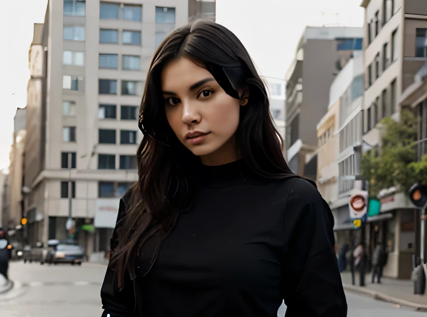 woman wearing black clothing posing with a scene behind