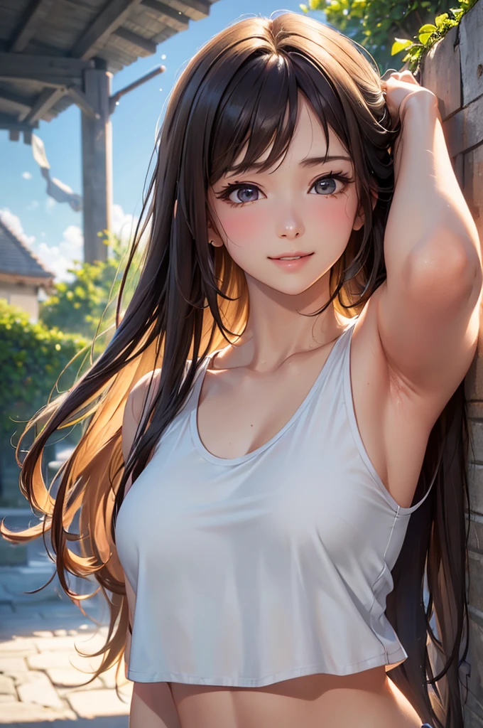 (Best Quality,High resolution,8K,finelity detailed background,Masterpiece:1.2),beautiful girl,Shiny brown hair,messy hair,Brown eyes,Gentle look,A refreshing look,Best quality,Best Quality,Aesthetic and aesthetic:1.2,Best details((Super detailed))(High-definition CG illustrations),Tank top (Tank top,crop top),Sportswear,Slender body,Light of the sun,garden,smile,blush,cute,Scrounge,Looking up,Being spoiled,super model