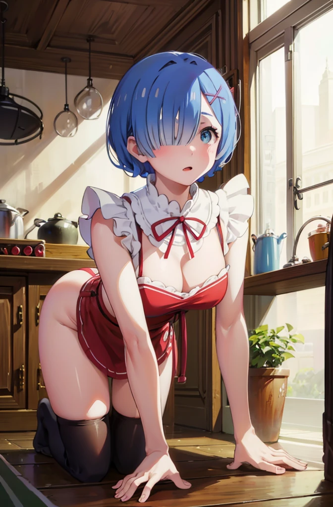 whole body、, 8K, Top quality, Masterpiece, Ultra-definition, Short hair, hair over one eye, Blue hair, Covers butt with hands, Lipstick, Full body, Cooking, Naked, Wearing red apron, Wearing slippers sitting, blushing, home kitchen, wearing a red apron, crawling on all fours, leaning forward, angle from below, perfect hands, fine hands, night