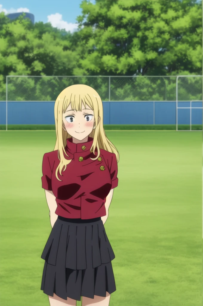 masterpiece, best quality, 1girl, reference maki zenin, jujutsu kaisen, portrait, cowgirl shot, standing, in a grassy yard, soccer fields in the background, (arms behind back), blonde hair, wolf cut, wavy hair, long hair, layered hair, black eyes, smile, light blush, (black gakuran, black small skirt),
