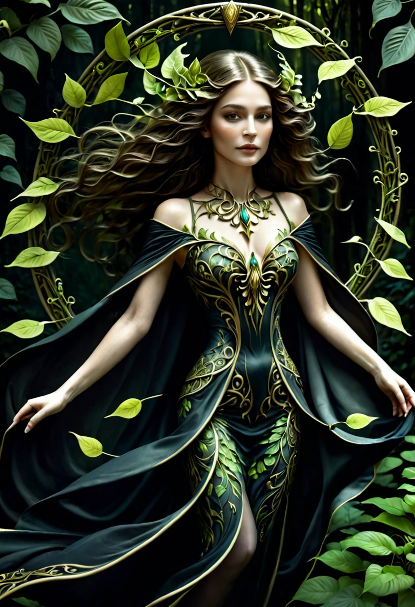 a beautiful plant goddess, 1 girl, floating in the air, wearing a ghostly plant leaf cape, organic flowing plant-like body, detailed face and eyes, long flowing hair, surrounded by glowing plants and vines, fantasy tarot card style, art nouveau, dark muted colors, dramatic chiaroscuro lighting, highly detailed, intricate ornate decorations, rich textures, digital art, cinematic composition, dramatic poses, hdr, 8k, realistic, photorealistic