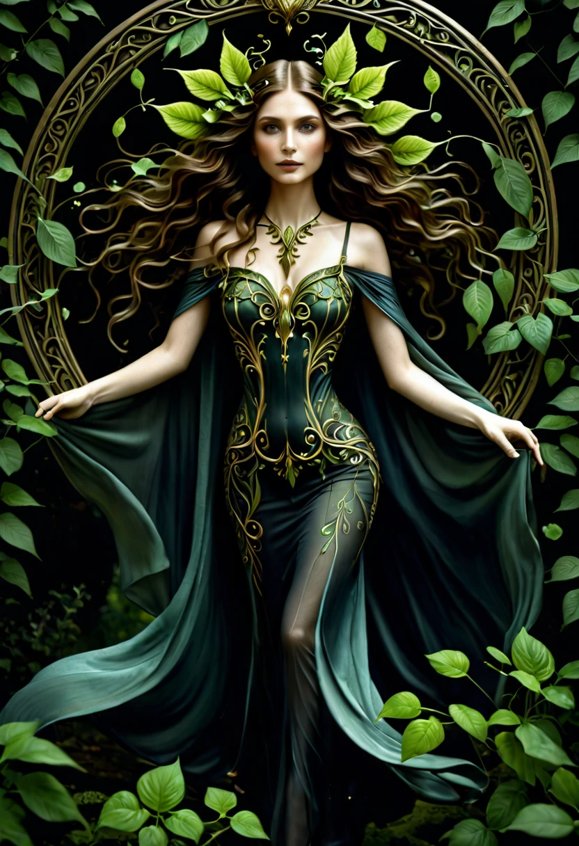 a painting of a woman with green hair and a green dress, fey queen of the summer forest, goddess of the forest, portrait of an elf queen, elfic priestess, fae priestess, fantasy characture portrait, goddess of mischief, goddess of nature, elven princess, portrait of a beautiful goddess, queen of the forest, goddess portrait