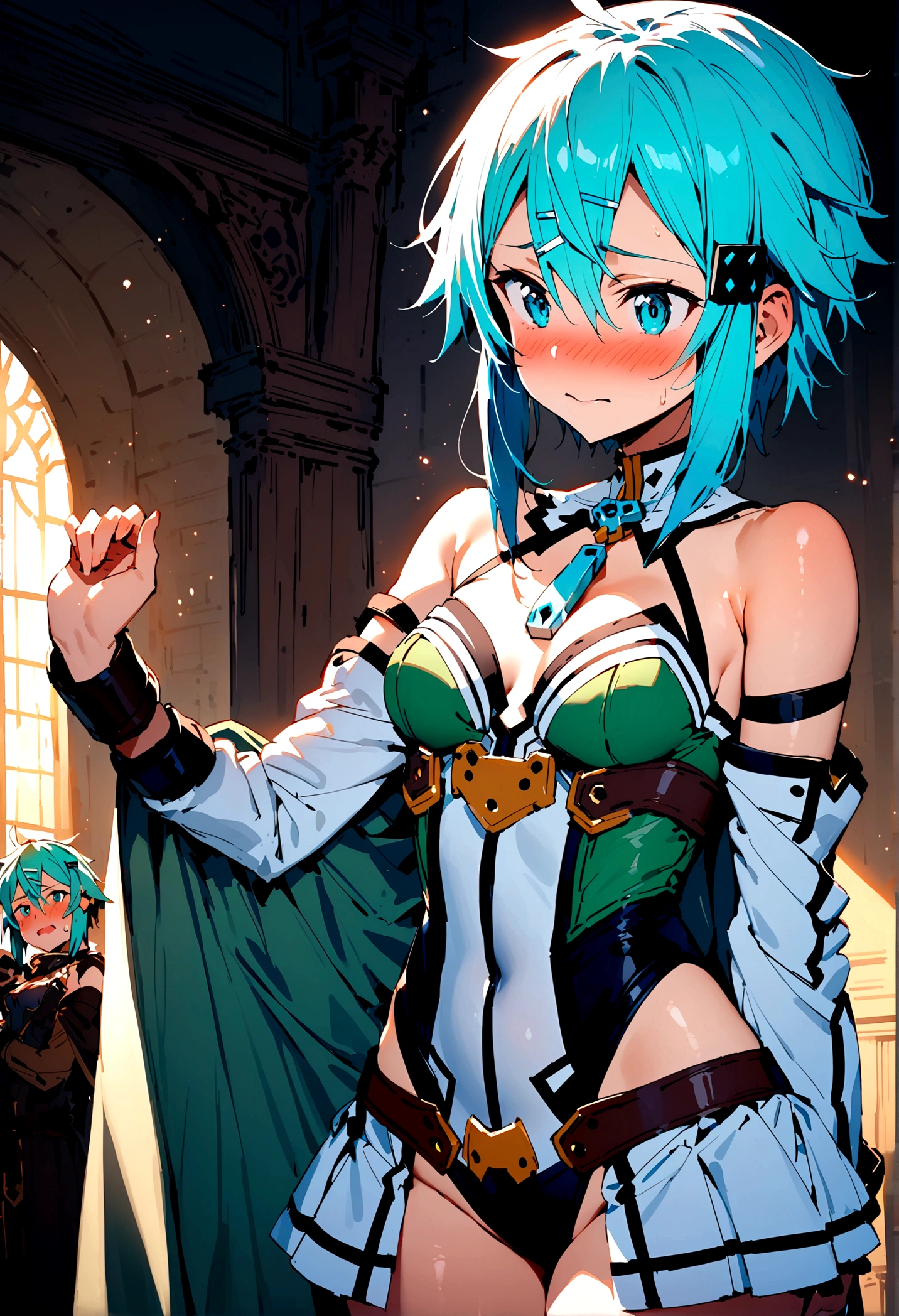 NSFW,masterpiece,Highest quality,High resolution,Super detailed,Sinon\(Sword Art Online\),Bare shoulders,Removable sleeves,Hand guard,leotard,Cape,Frilled mini skirt,gem, hair ornaments, Hair Clip,Embarrassed,A patient face,(Lust),(Estrus),blush,Fantasy,Adventurer's Guild,reception,indoor