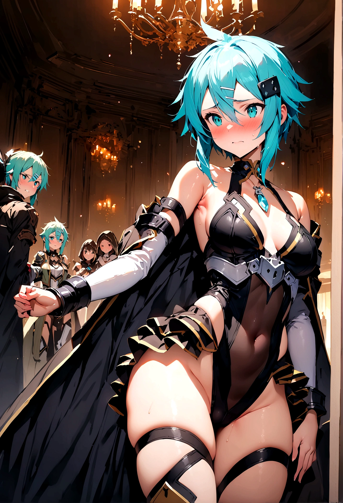 NSFW,masterpiece,Highest quality,High resolution,Super detailed,Sinon\(Sword Art Online\),Bare shoulders,Removable sleeves,Hand guard,leotard,Cape,Frilled mini skirt,gem, hair ornaments, Hair Clip,Embarrassed,A patient face,(Lust),(Estrus),blush,Fantasy,Adventurer's Guild,reception,indoor