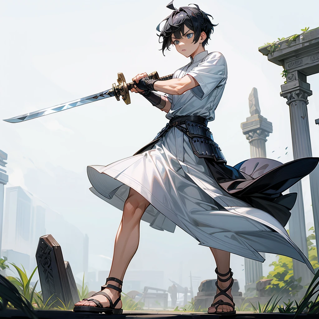 1boys, Full body version, blue eyes, undercut hair, black colour hair, very angry expression, white tunic Ancient Roman clothing, short sleeve shirt, gladiator skirt, gladiator armor, gladiator sandals, Spatha sword in hand, war gesture, Grassroots background 