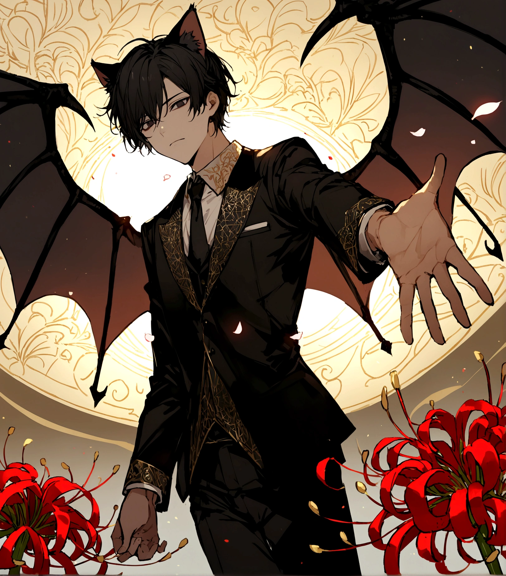 male,Black Hair, Detailed and precise manual work,Black cat ears,Dark Eyes,Long, narrow eyes,Big devil wings,Reaching out,Five Fingers,Great light,A striking subject among the red spider lilies, Petals flutter,A delicate black suit with gold patterns,Hand-drawn illustration,Broad background,