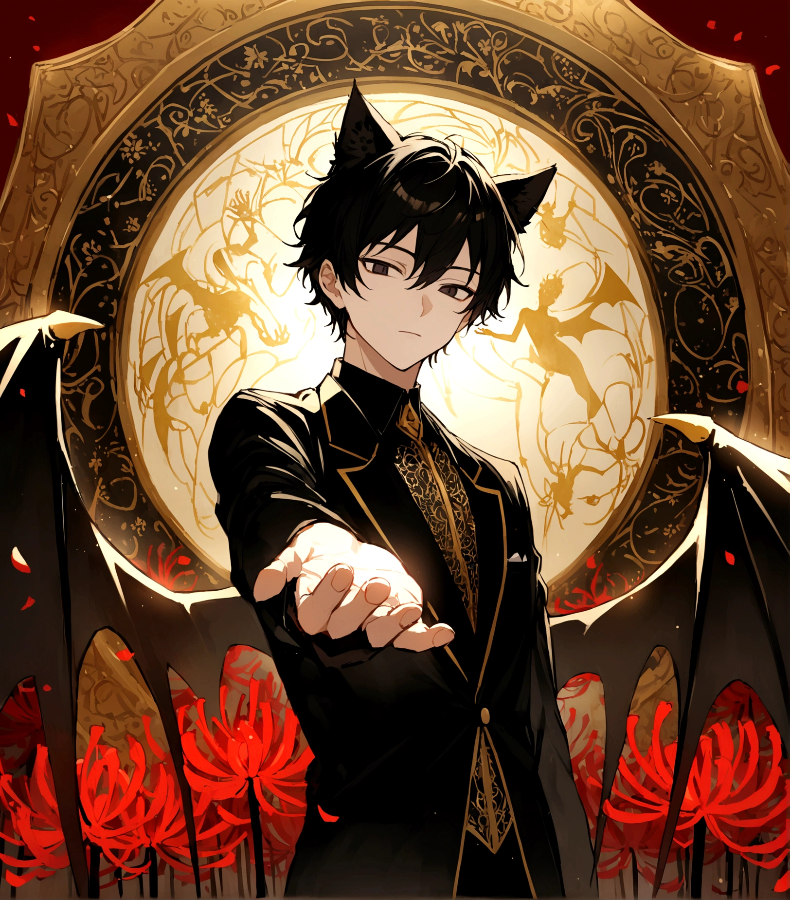 male,Black Hair, Detailed and precise manual work,Black cat ears,Dark Eyes,Long, narrow eyes,Big devil wings,Reaching out,Five Fingers,Great light,A striking subject among the red spider lilies, Petals flutter,A delicate black suit with gold patterns,Hand-drawn illustration,Broad background,