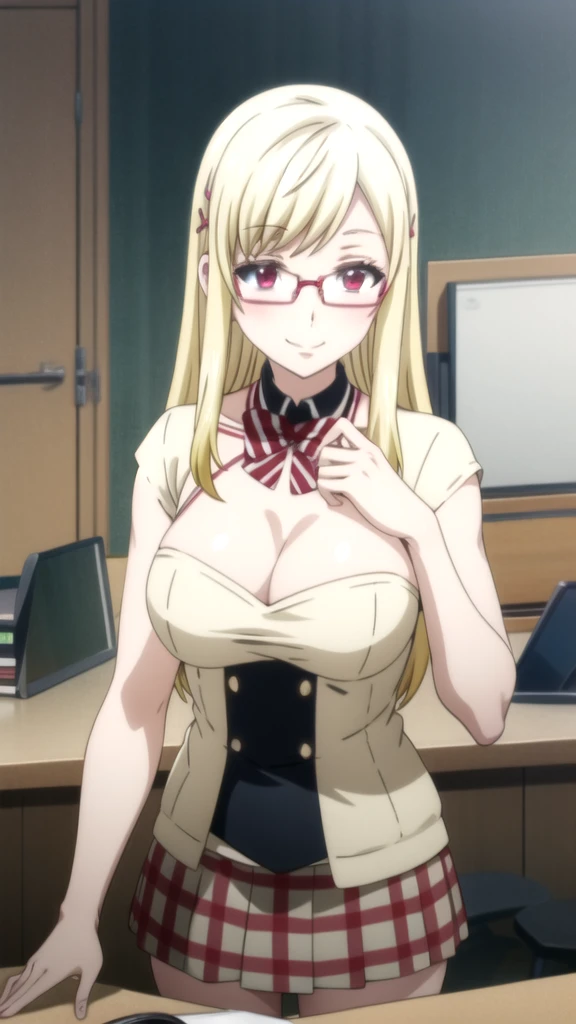 anime girl With glasses and a skirt posing on a desk, seductive anime girl, With glasses, With glasses on, thick glasses, (sfw) Insurance for work, beautiful and seductive anime woman, a Hyper realistic , revealing outfit, neckline,  , nerd appearance, anime girls, attractive anime girl, breasts covered and sfw, nerd Yamada mocking smile_yellow, 1chica , by rubio, alone, wide, hair ornament, , smile, bow, red eyes my dress darling anime, beautiful seductress anime anime