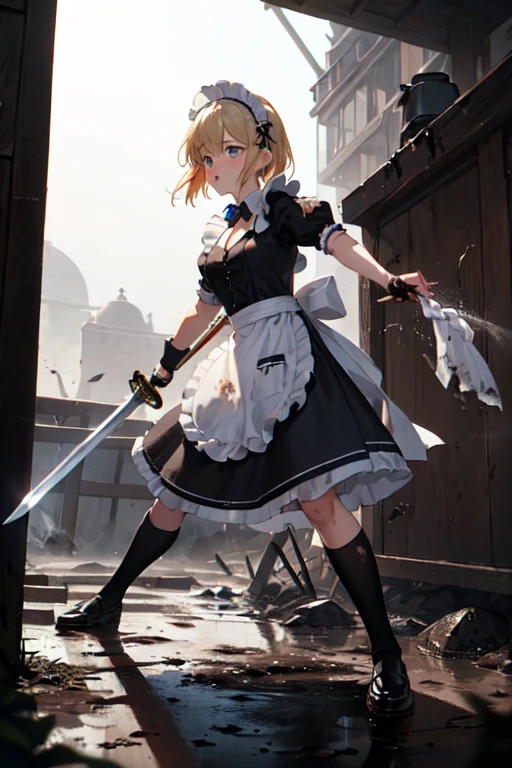 (((Highest quality))), ((masterpiece)), (((detailed))), (((Attention to detail))), One girl, cute, Blonde, Blonde碧眼, Small breasts, ((Black maid outfit, White apron, Headband, The skirt is long)), (((A girl in a maid outfit is fighting with a large sword))), Has a big sword, ((Western design sword)), (((The sword is held by a stick.))), ((燃えているbattlefield1.6)), wasteland, fierce fighting, Fierce Battle, Intense Battle, A Close Battle, battlefield, sparks, Enemy, Tsuba competition, Slashing, (((Soot and mud, 服やエプロンがdirty, dirty, 全身がdirty, Tattered 1.6))), (((Soot and mud, メイド服がdirty, エプロンがdirty, My clothes are in tatters, ))), ((My clothes are covered in soot, Covered in mud, Covered in charcoal, )), Torn to shreds, 