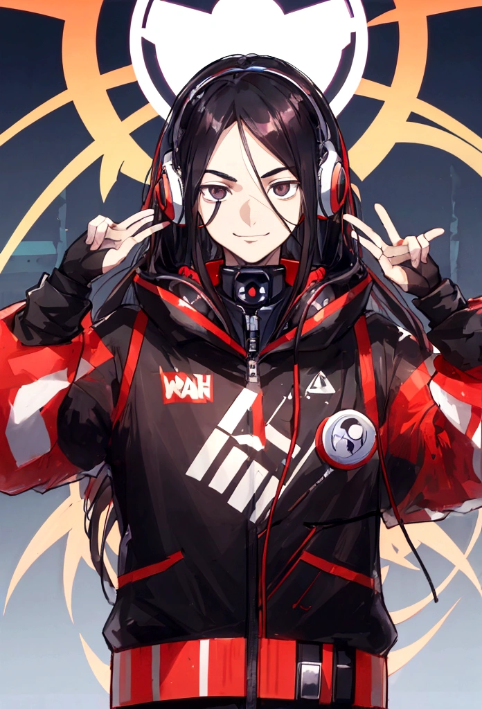 arafed man with long hair and headphones on, symmetrical face orelsan, twitch streamer, very slightly smiling, he is about 25 years old, waving at camera