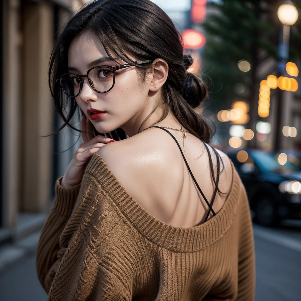 1  girl, dark black hair, clear skin, big brown eyes, Slim appearance, Red lips, glasses, sueter ( da la back, head down, street, evening, hands, back)