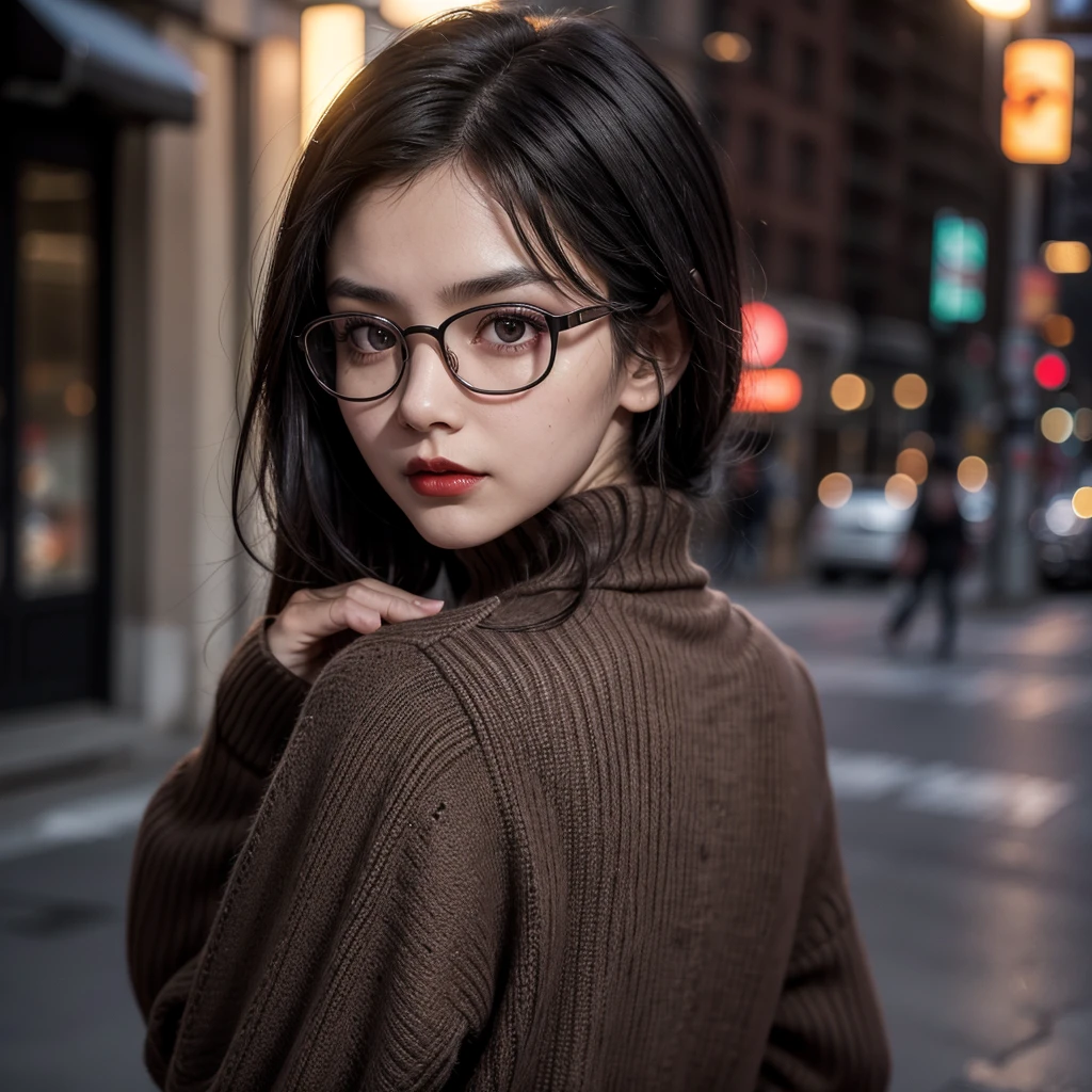cinematic photo (art by Mathias Goeritz:1.2) , photograph, A beautiful asian girl, naked, nerd accountant, eyeglasses, wind tousling hair, Rich dark red long straight hair, Winter, tilt shift, Horror, specular lighting, film grain, Leica m11, F/5, (cinematic still:1.2), freckles . 35mm photograph, film, bokeh, professional, 4k, highly detailed