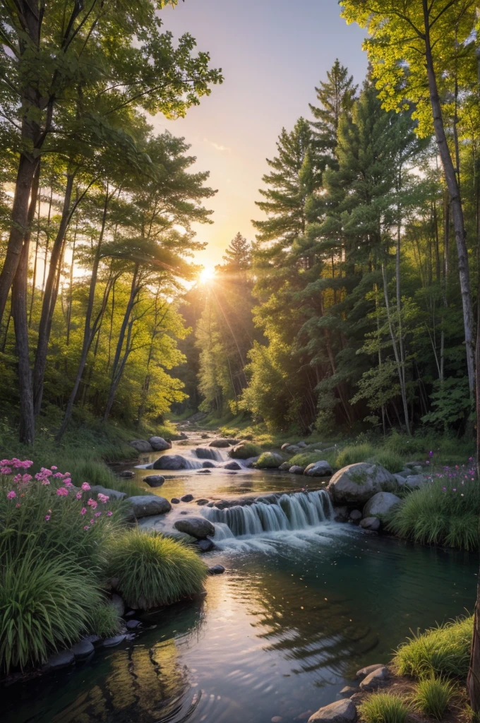 Create an image of a lush forest filled with tall, dense trees with vibrant green leaves. In the center of the forest, there is a crystal clear stream that gently meanders through the land, reflecting the colors of the sunset. The sunset is stunning, with shades of orange, pink and gold painting the sky and casting a warm glow over the landscape.
At the edge of the stream there is a black man, strong and with a penetrating gaze. In one of his hands he holds an ax with two blades.
Brightly colored wildflowers such as red, yellow, and purple grow around the stream and in the clearing, adding a touch of natural beauty to the scene.